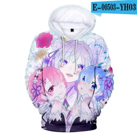 Anime Re:Zero Starting Life in Another World Rem & Ram & Emilia Print Pullover Oversized Hoodies