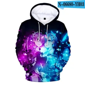 Anime Re:Zero Starting Life in Another World Rem & Ram Pullover Oversized Hoodies