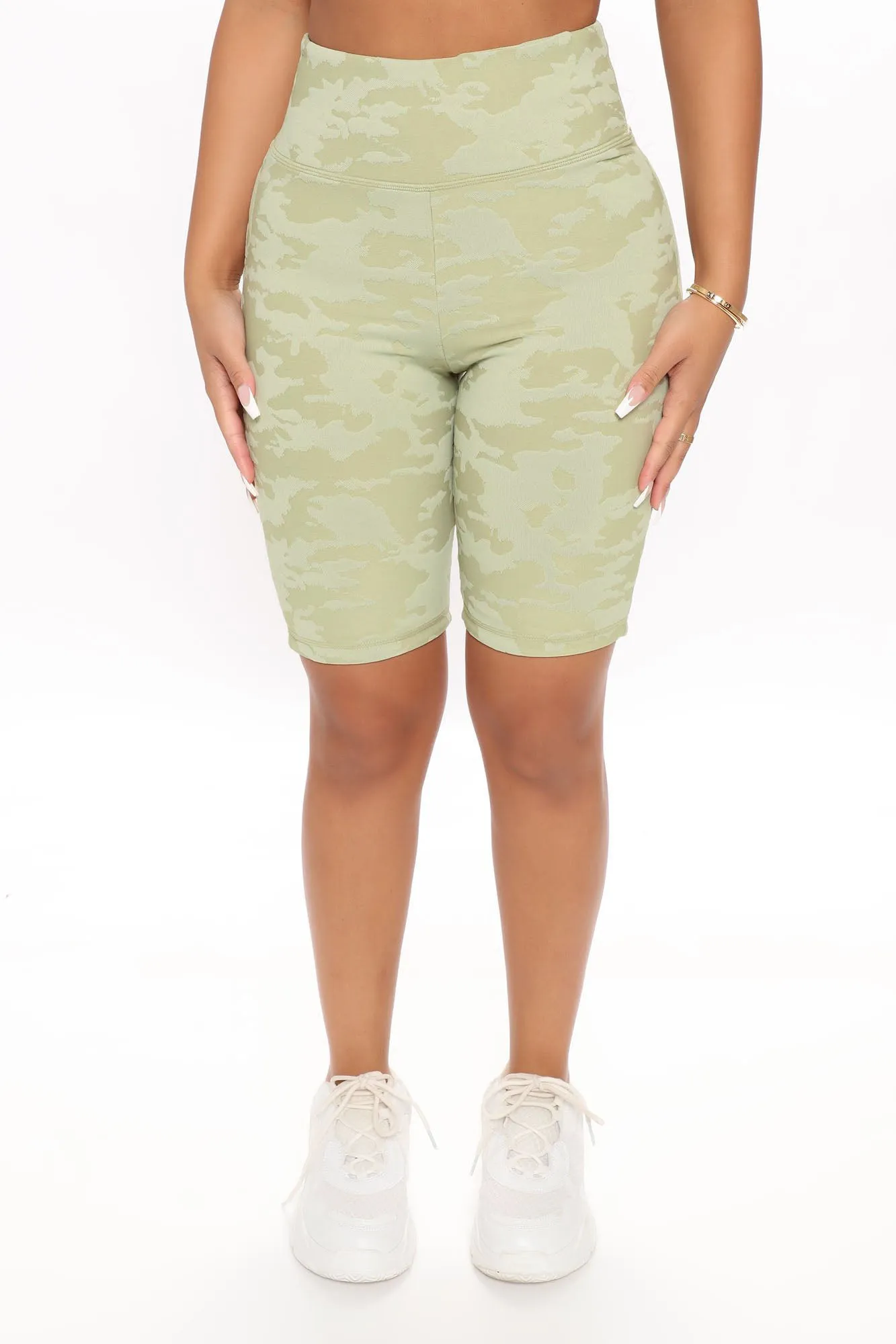 At Attention Embossed Camo Active Biker Shorts - Sage
