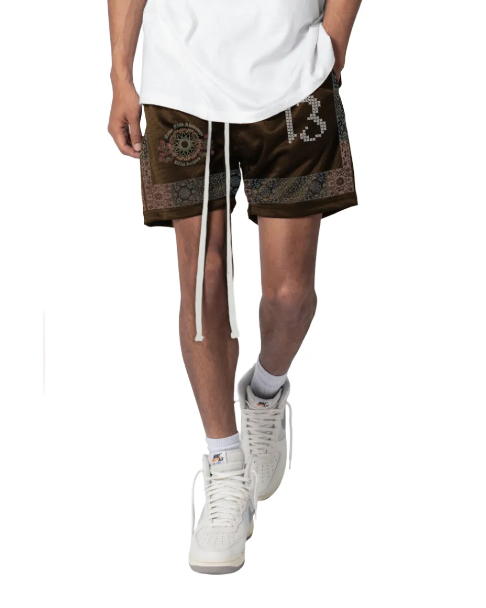 Floral Tile Basketball Shorts - Brown