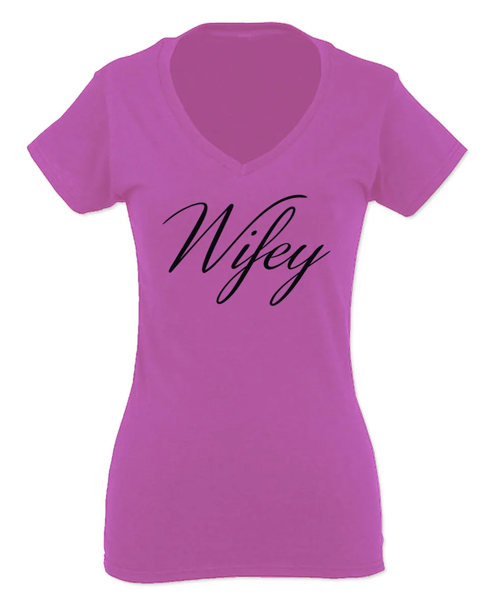 VICES AND VIRTUESS Letter Printed Wifey Couple Wedding Hubby Matching Bride For Women V neck fitted T Shirt
