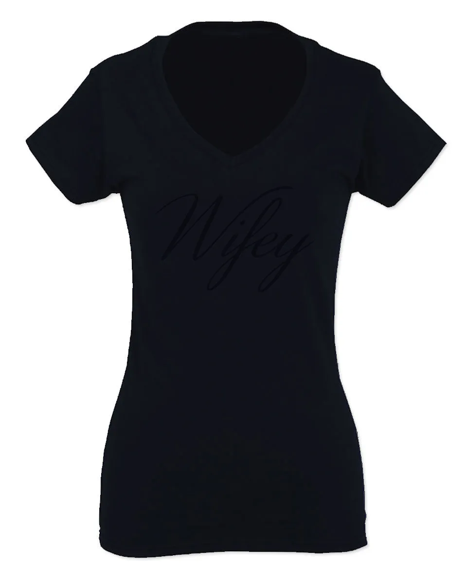 VICES AND VIRTUESS Letter Printed Wifey Couple Wedding Hubby Matching Bride For Women V neck fitted T Shirt