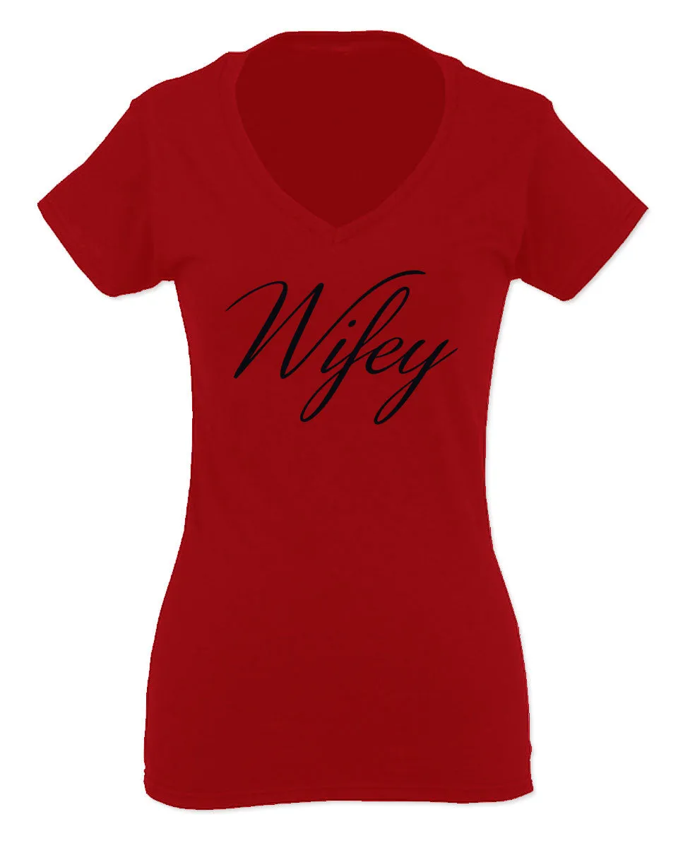 VICES AND VIRTUESS Letter Printed Wifey Couple Wedding Hubby Matching Bride For Women V neck fitted T Shirt