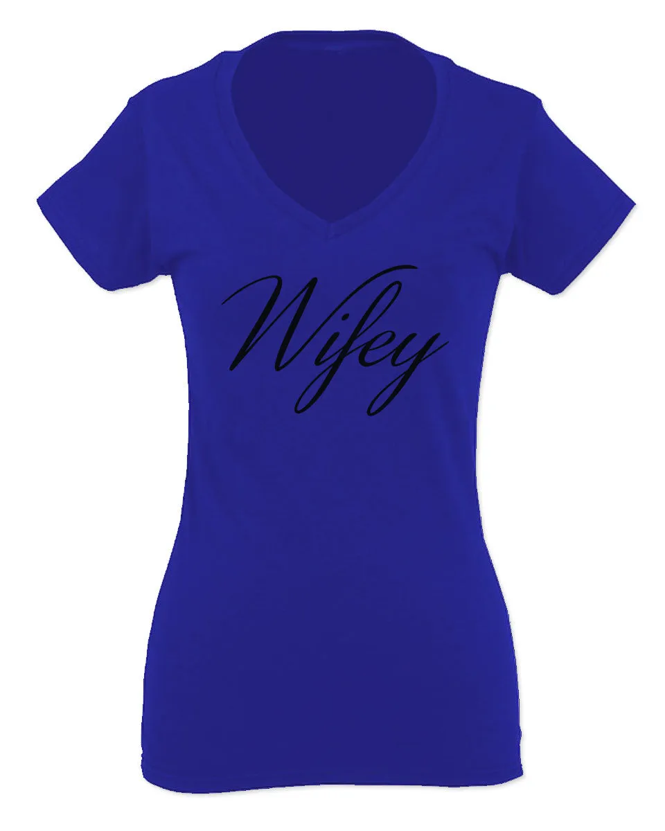 VICES AND VIRTUESS Letter Printed Wifey Couple Wedding Hubby Matching Bride For Women V neck fitted T Shirt