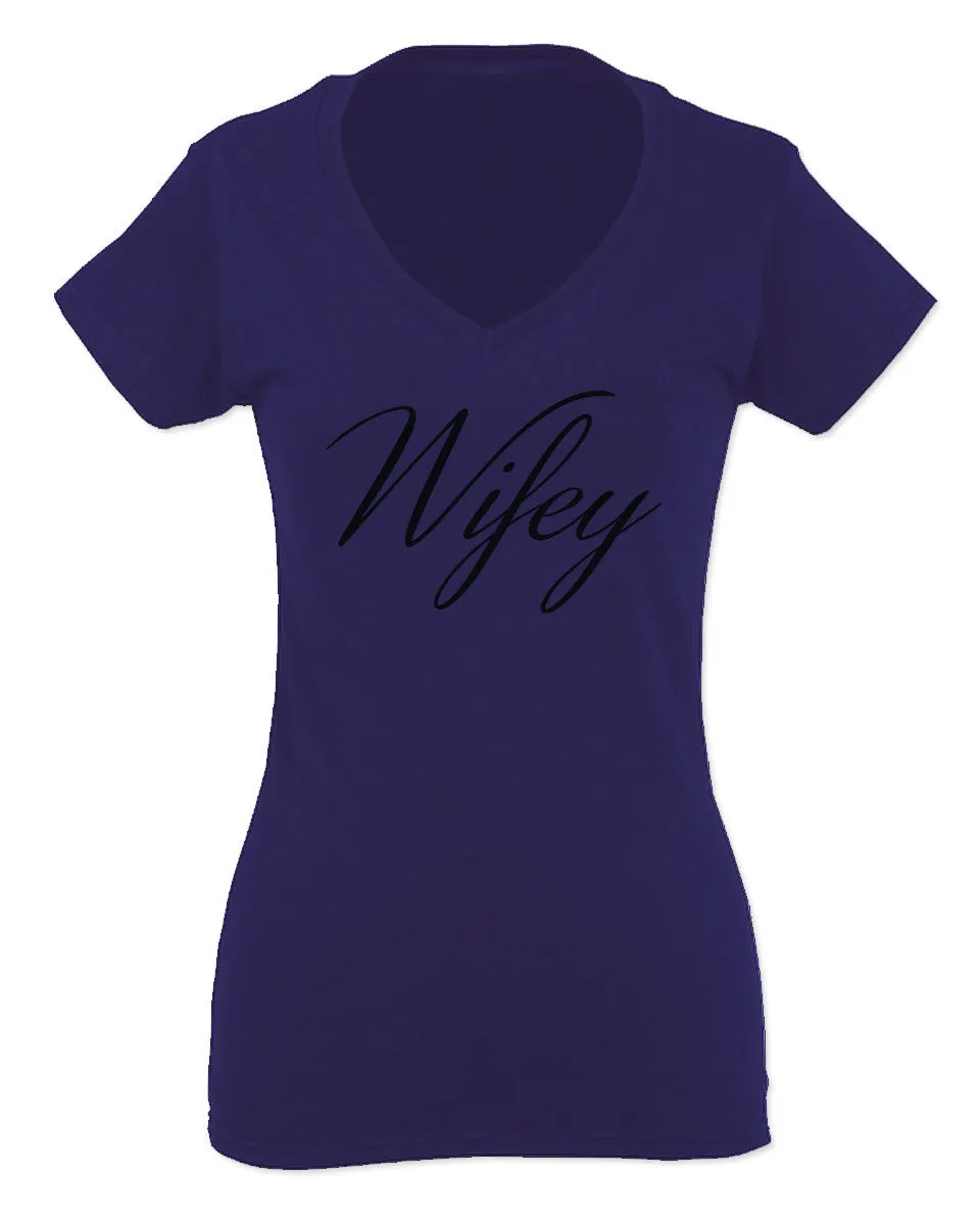 VICES AND VIRTUESS Letter Printed Wifey Couple Wedding Hubby Matching Bride For Women V neck fitted T Shirt