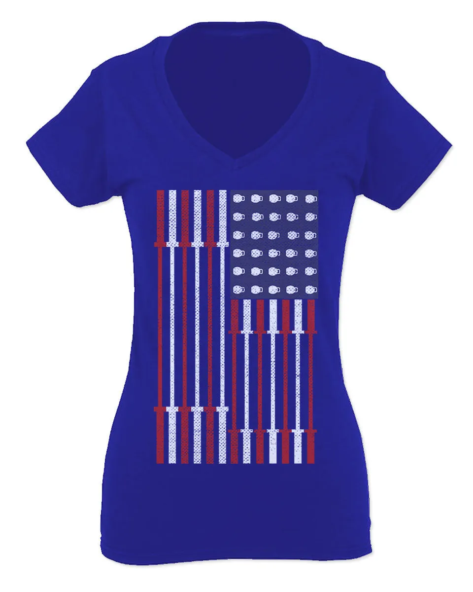 Workout Fitness Bars America American Flags Gym Tough For Women V neck fitted T Shirt