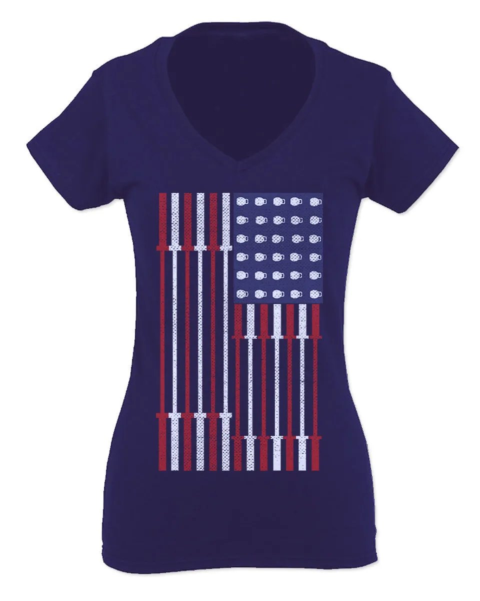Workout Fitness Bars America American Flags Gym Tough For Women V neck fitted T Shirt