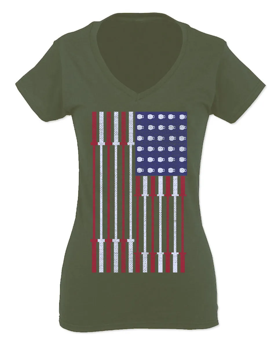 Workout Fitness Bars America American Flags Gym Tough For Women V neck fitted T Shirt
